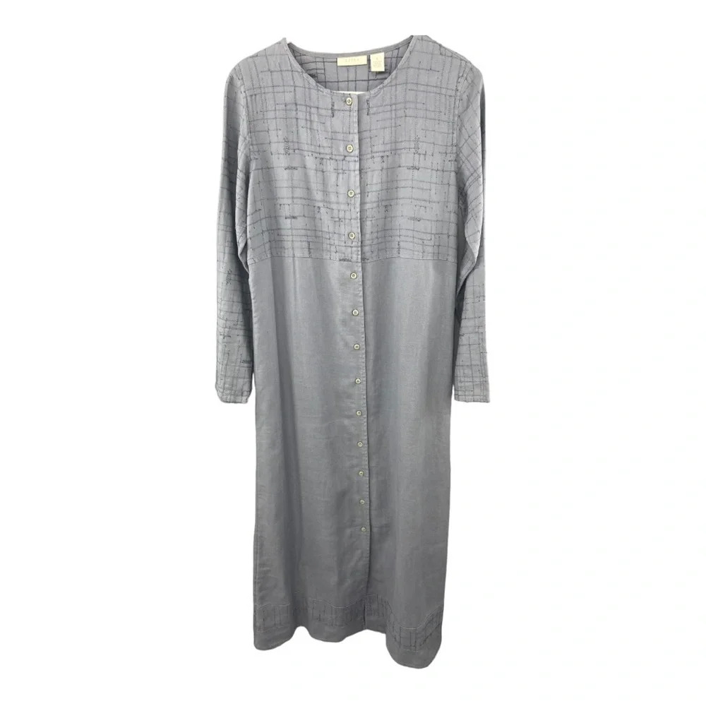 Vintage J.Jill 100% Linen Gray Long Sleeve Button Front Maxi Dress Size Small